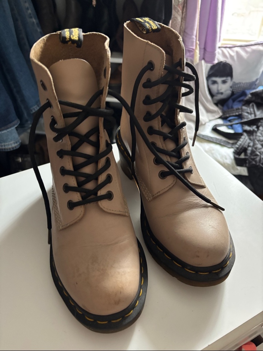 Dr. Martens Beige Lace-Up Combat Boots with Black Laces